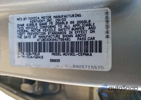 2004 Toyota Camry Le z USA, uszkodzony, nr VIN 4T1BE30K94U796481